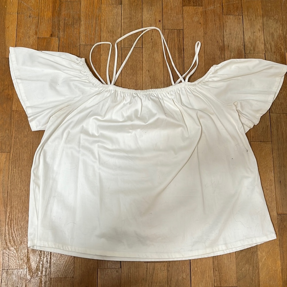 White Blue Rair Linen Off the shoulder Shirt